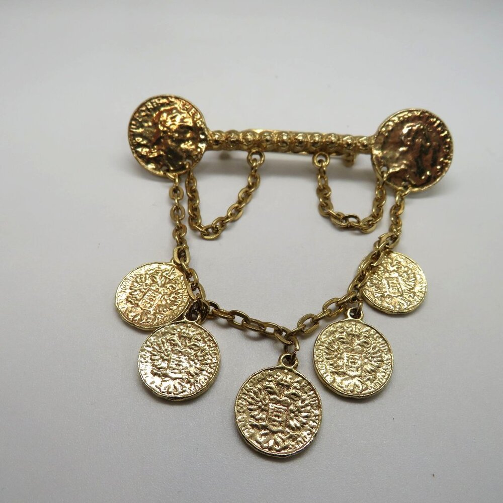 Vintage Imitation Coin Brooch 3" Gold Tone Pin Draped Chain Dangle Faux Change